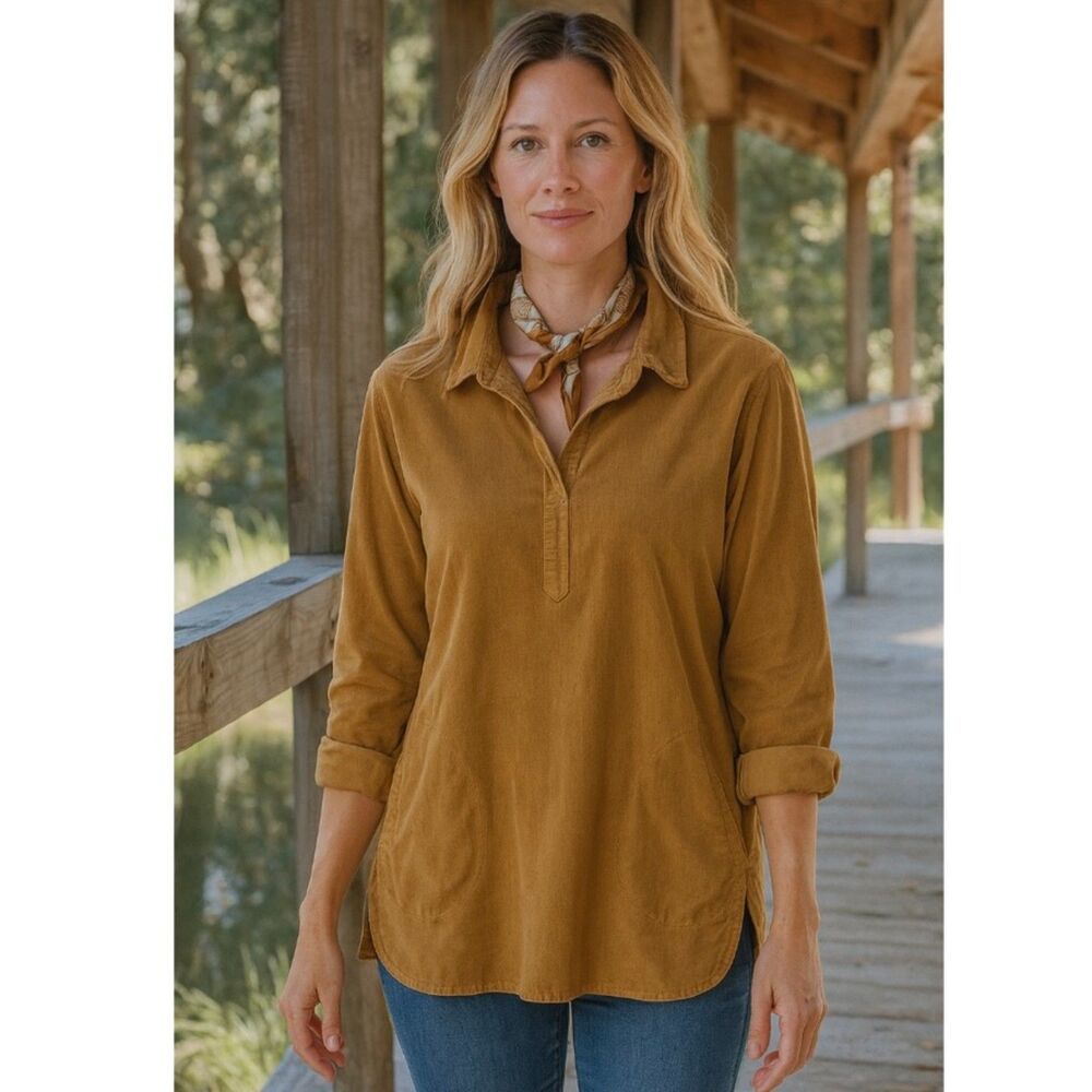 Garnet Hill Feather Wale Corduroy Tunic Top Popover Brown Sz M Soft Cotton